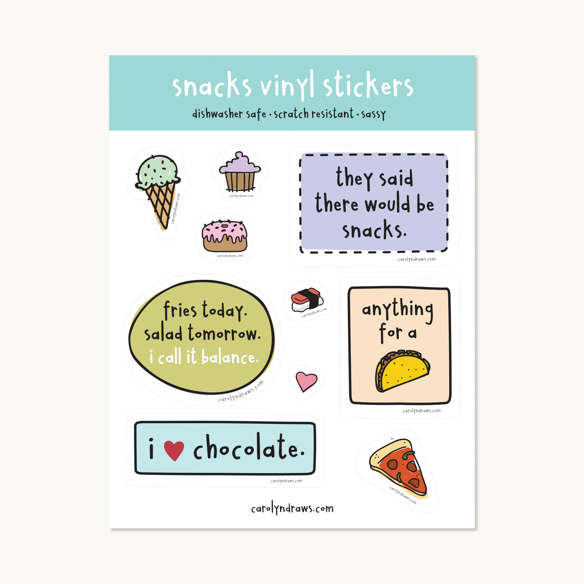 Snacks Vinyl Sticker Sheet – carolyndraws