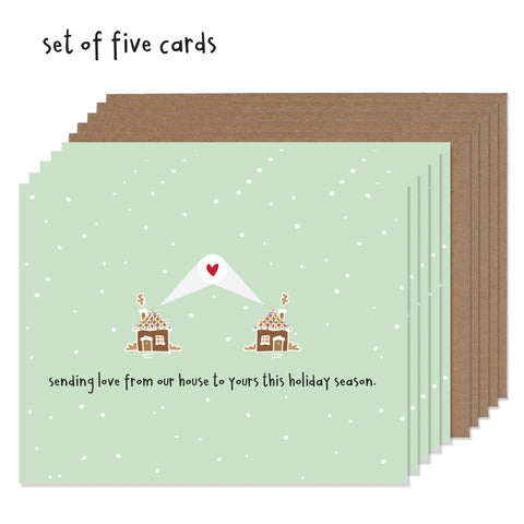 Set of Five Sending Love Gingerbread House Christmas Cards